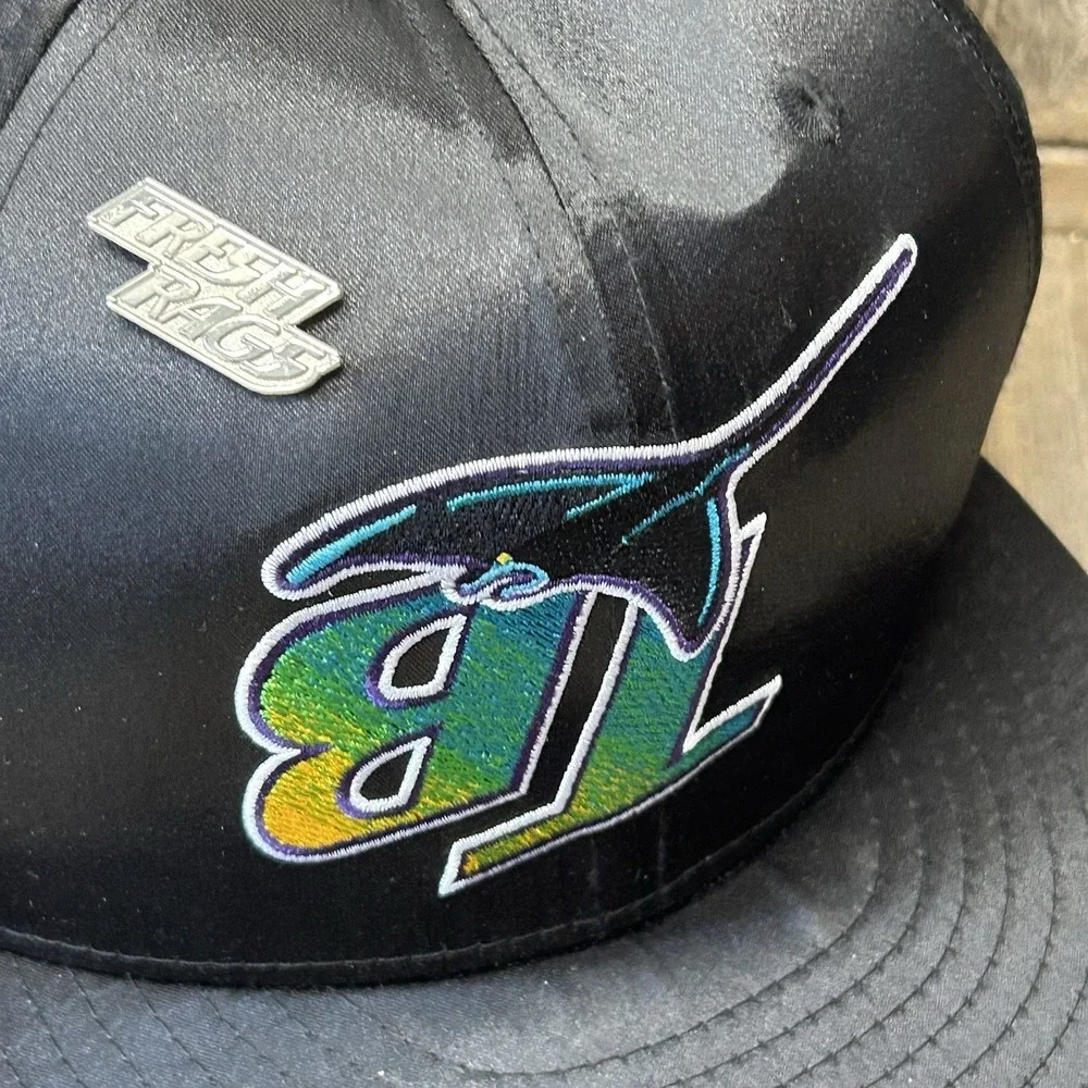 New Era Fresh Rags Tampa Bay Devil Rays Satin 59FIFTY Fitted Hat 7 3/4 Black Pin